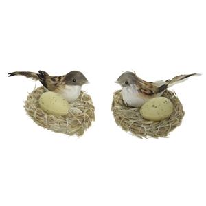 Decoris 2x stuks Decoratie vogelnestjes met een vogel en ei 11,5 x 7,5 cm -