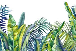 Karo-art Fotobehang - Groene en blauwe tropische planten, in 11 maten te koop, incl behanglijm