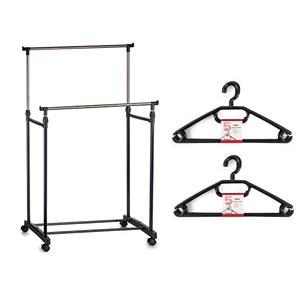 Merkloos Kledingrek met kleding hangers - dubbele stang - kunststof/metaal - zwart - 80 x x 160 -