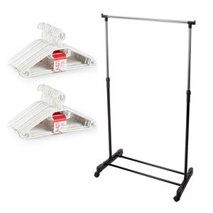 Merkloos Mobiel kledingrek met kleding hangers - 20 kunststof hangers - wit/zwart -