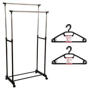 Merkloos Kledingrek met kleding hangers - dubbele stang - kunststof/metaal - zwart - 80 x x 170 cm -