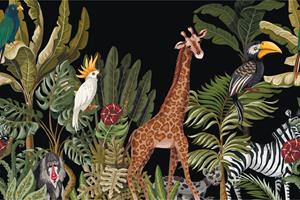 Karo-art Fotobehang - Exotische dieren tussen bladeren, Kinderkamer, 11 maten, inclusief behanglijm