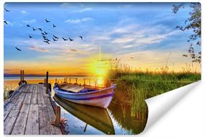Karo-art Fotobehang - Boot aan pier met zonsondergang , premium print, inclusief behanglijm