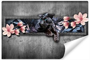 Karo-art Fotobehang- Panter met magnolia bloesem, 11 maten, Premium Print, incl behanglijm