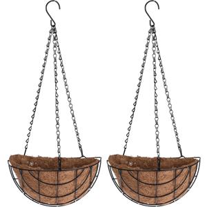 3x stuks metalen hanging baskets / plantenbakken halfrond zwart met ketting 26 cm - hangende bloemen -