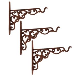 Esschert Design 3x stuks muurhaken met sierkrullen bruin 20 x 18 cm - gietijzer - hanging basket haak -