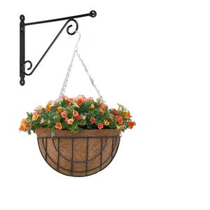 Hanging basket met muurhaak sierkrul groen en kokos inlegvel - metaal - complete hanging basket set -