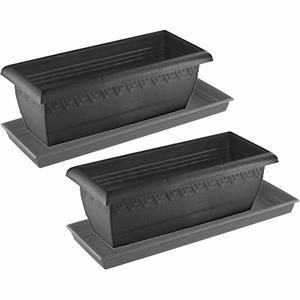 Hega Hogar 2x stuks antraciet grijze plantenbakken/bloembakken met onderschaal 50 x 20 x 16 cm -