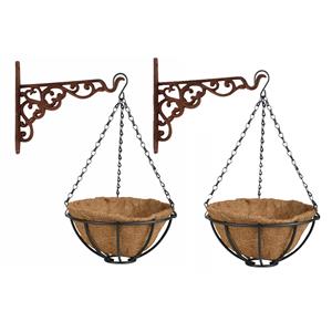 Esschert Design Set van 2x stuks Hanging baskets 25 cm met ijzeren muurhaken - metaal - complete hangmand set -