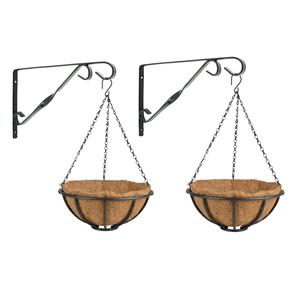 Esschert Design Set van 2x stuks Hanging baskets 30 cm met muurhaken - metaal - complete hangmand set -