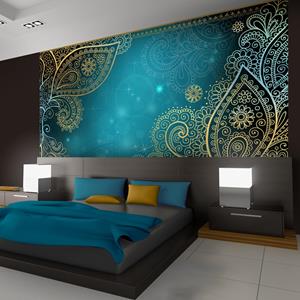Karo-art Zelfklevend fotobehang - Turquoise Orient , Bladeren , Premium Print