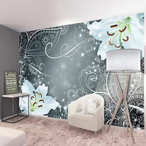 Karo-art Zelfklevend fotobehang - Oosterse Bloemen in grijs wit , Premium Print