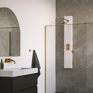 Brauer Gold Edition thermostatisch douchepaneel - 2 functies - calacatta gold SET 01 - 20cm hoofddouche - gebogen muurarm - staaf handdouche - wandaansluitbocht - doucheslang - goud geborsteld PVD 5-G