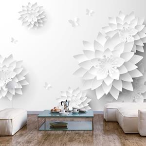 Karo-art Fotobehang - Oriëntaalse witte bloemen, premium print vliesbehang, 5 maten, Instructie bijgesloten, zeer eenvoudig aan te brengen, geen behangtafel nodig