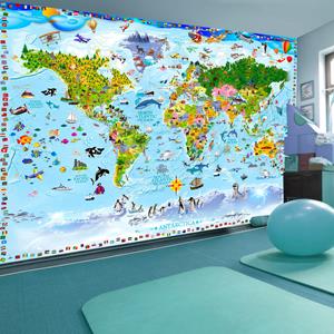 Fotobehang - Wereldkaart voor kinderen, multi-gekleurd, premium print vliesbehang, 5 maten, geen behangtafel nodig, eenvoudig aan te brengen, instructies bijgevoegd
