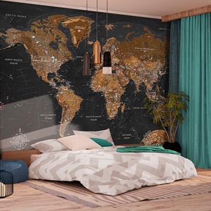 Fotobehang - Wereldkaart stijlvol, zwart/bruin, premium print vliesbehang, 5 maten, geen behangtafel nodig, eenvoudig aan te brengen, instructies bijgevoegd
