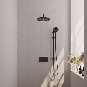 Brauer Black Edition thermostatische inbouw regendouche met drukknoppen SET 70 met 30 cm douchekop en gebogen muurarm en 3-standen handdouche en doucheslang en ge&iuml;ntegreerde glijstang mat zwart