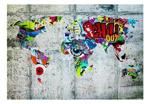 Zelfklevend fotobehang - Wereldkaart,Graffiti op betonnen muur, premium print, 8 maten, eenvoudig aan te brengen, instructie bijgevoegd