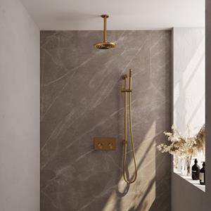 Brauer Gold Carving thermostatische inbouw regendouche met drukknoppen SET 65 met 20 cm douchekop en plafondarm en staaf handdouche en doucheslang en ge&iuml;ntegreerde glijstang goud geborsteld PVD
