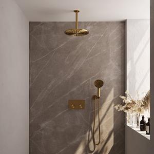 Brauer Gold Carving thermostatische inbouw regendouche met drukknoppen SET 60 met 30 cm douchekop en plafondarm en 3-standen handdouche en doucheslang en wandaansluitbocht goud geborsteld PVD