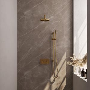 Brauer Gold Edition thermostatische inbouw regendouche met drukknoppen SET 63 met 20 cm douchekop en gebogen muurarm en staaf handdouche en doucheslang en ge&iuml;ntegreerde glijstang goud geborsteld 
