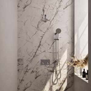 Brauer Brushed Edition thermostatische inbouw regendouche met drukknoppen SET 67 met 20 cm douchekop en rechte muurarm en 3-standen handdouche en doucheslang en ge&iuml;ntegreerde glijstang RVS gebors