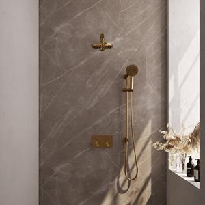Brauer Gold Edition thermostatische inbouw regendouche met drukknoppen SET 67 met 20 cm douchekop en rechte muurarm en 3-standen handdouche en doucheslang en ge&iuml;ntegreerde glijstang goud geborste