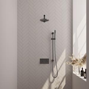 Brauer Gunmetal Carving thermostatische inbouw regendouche met drukknoppen SET 61 met 20 cm douchekop en rechte muurarm en staaf handdouche en doucheslang en ge&iuml;ntegreerde glijstang gunmetal gebo