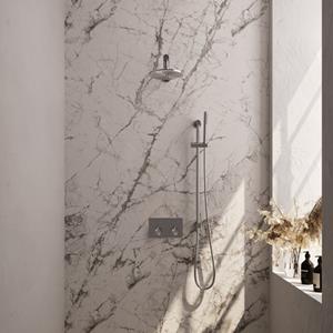 Brauer Brushed Carving thermostatische inbouw regendouche met drukknoppen SET 61 met 20 cm douchekop en rechte muurarm en staaf handdouche en doucheslang en ge&iuml;ntegreerde glijstang RVS geborsteld
