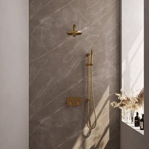 Brauer Gold Carving thermostatische inbouw regendouche met drukknoppen SET 61 met 20 cm douchekop en rechte muurarm en staaf handdouche en doucheslang en ge&iuml;ntegreerde glijstang goud geborsteld P