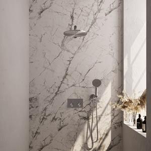 Brauer Brushed Carving thermostatische inbouw regendouche met drukknoppen SET 56 met 30 cm douchekop en rechte muurarm en 3-standen handdouche en doucheslang en wandaansluitbocht RVS geborsteld PVD