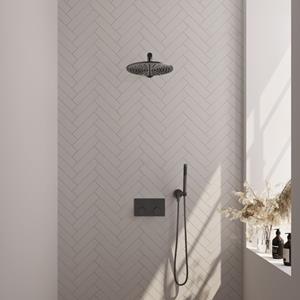 Brauer Gunmetal Carving thermostatische inbouw regendouche met drukknoppen SET 50 met 30 cm douchekop en rechte muurarm en staaf handdouche en doucheslang en wandaansluitbocht gunmetal geborsteld PVD