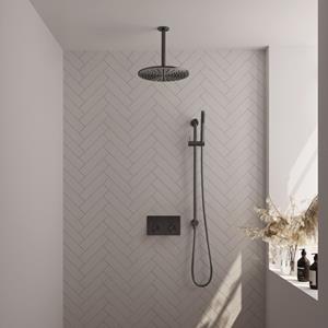 Brauer Gunmetal Edition thermostatische inbouw regendouche met drukknoppen SET 66 met 30 cm douchekop en plafondarm en staaf handdouche en doucheslang en ge&iuml;ntegreerde glijstang gunmetal geborste