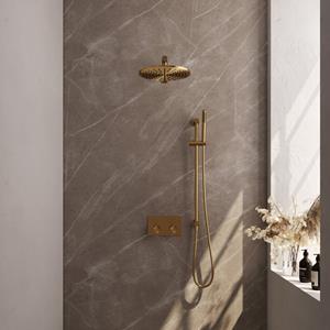 Brauer Gold Carving thermostatische inbouw regendouche met drukknoppen SET 62 met 30 cm douchekop en rechte muurarm en staaf handdouche en doucheslang en ge&iuml;ntegreerde glijstang goud geborsteld P