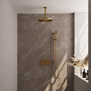 Brauer Gold Carving thermostatische inbouw regendouche met drukknoppen SET 66 met 30 cm douchekop en plafondarm en staaf handdouche en doucheslang en ge&iuml;ntegreerde glijstang goud geborsteld PVD
