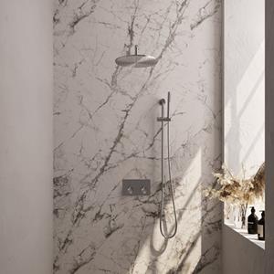 Brauer Brushed Edition thermostatische inbouw regendouche met drukknoppen SET 64 met 30 cm douchekop en gebogen muurarm en staaf handdouche en doucheslang en ge&iuml;ntegreerde glijstang RVS geborstel