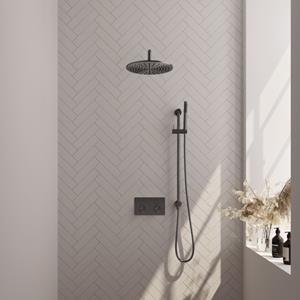 Brauer Gunmetal Carving thermostatische inbouw regendouche met drukknoppen SET 64 met 30 cm douchekop en gebogen muurarm en staaf handdouche en doucheslang en ge&iuml;ntegreerde glijstang gunmetal geb