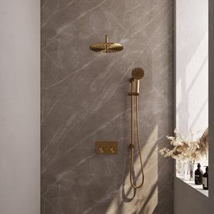 Brauer Gold Carving thermostatische inbouw regendouche met drukknoppen SET 70 met 30 cm douchekop en gebogen muurarm en 3-standen handdouche en doucheslang en ge&iuml;ntegreerde glijstang goud geborst