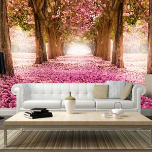 Karo-art Zelfklevend fotobehang - Roze pad van bloemen door een bos , Premium Print