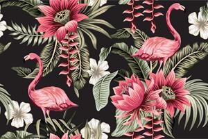 Karo-art Fotobehang - Tropische bloemen en Flamingo's Vintage, 11 maten, premium print, incl behanglijm