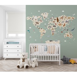 Walloha Wereldkaart met dieren - Kinderbehang - 194,8 cm x 280 cm - 