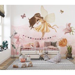 Walloha Fee in roze bloemenzee - Kinderbehang - 292,2 cm x 280 cm - 