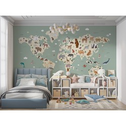 Walloha Wereldkaart met dieren - Kinderbehang - 389,6 cm x 280 cm - 