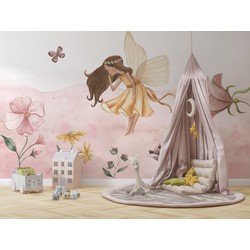 Walloha Fee in roze bloemenzee - Kinderbehang - 389,6 cm x 280 cm - 