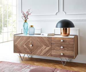 DELIFE Sideboard Pacino 175 cm Sheesham Natur Steinplatte Weiß
