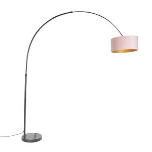 qazqa Bogenlampe schwarzer Veloursschirm rosa mit Gold 50 cm - XXL - Rosa