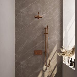 Brauer Copper Edition thermostatische inbouw regendouche met drukknoppen SET 61 met 20 cm douchekop en rechte muurarm en staaf handdouche en doucheslang en ge&iuml;ntegreerde glijstang koper geborstel