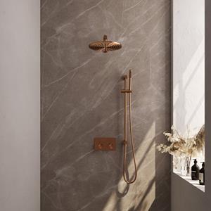 Brauer Copper Carving thermostatische inbouw regendouche met drukknoppen SET 62 met 30 cm douchekop en rechte muurarm en staaf handdouche en doucheslang en ge&iuml;ntegreerde glijstang koper geborstel