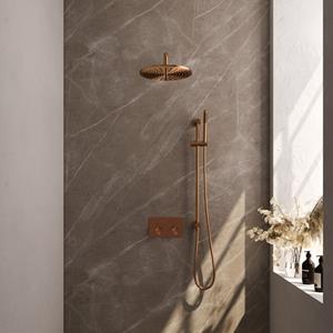 Brauer Copper Carving thermostatische inbouw regendouche met drukknoppen SET 64 met 30 cm douchekop en gebogen muurarm en staaf handdouche en doucheslang en ge&iuml;ntegreerde glijstang koper geborste