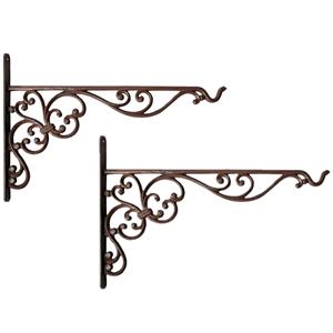 Esschert Design 2x stuks muurhaken met sierkrullen bruin 35 x 25 cm - gietijzer - hanging basket haak -